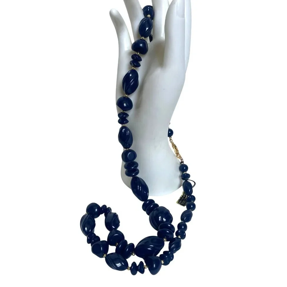 Vintage Blue Lucite Beaded Necklace Gold Tone Accents Textured Chunky Beads NWT